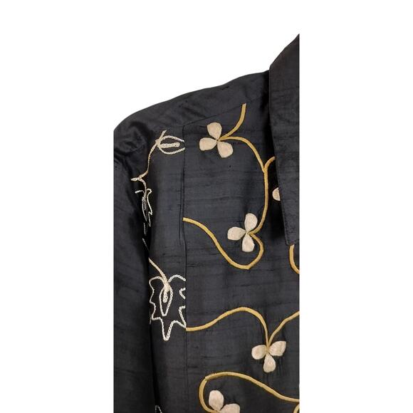 3848)Appleseed Silk Button Down Floral Geometric Black Gold Embroidery Jacket 1X - Picture 5 of 9